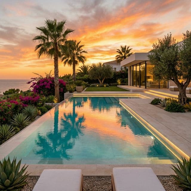 Piscina infinita de lujo al atardecer